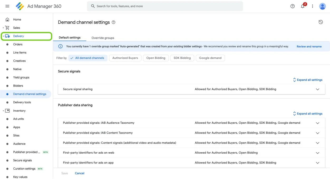 The Google Ad Manager menu with Delivery highlighted.