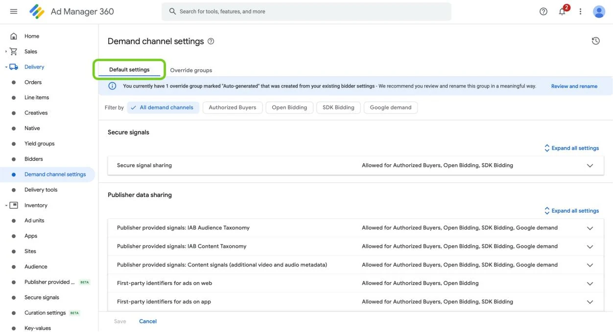 The Demand channel settings page with the Default settings tab highlighted.