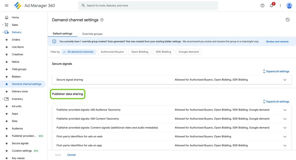 The same page scrolled down, with the Publisher data sharing heading highlighted.