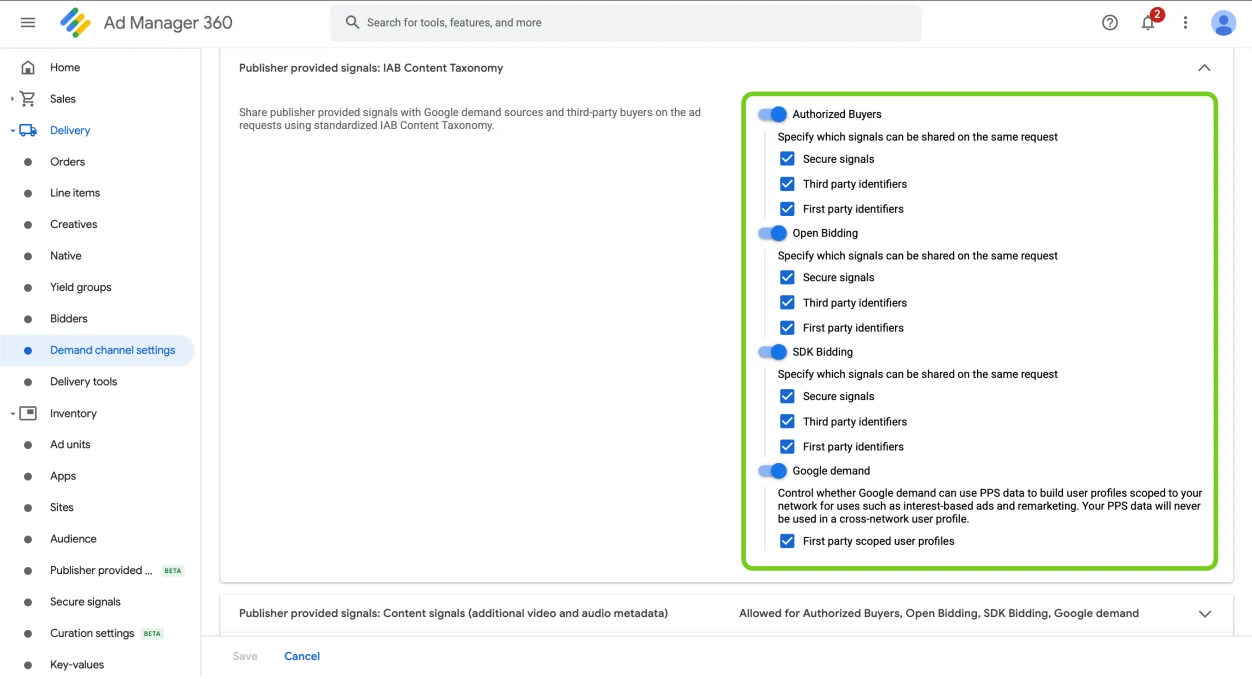 The IAB Content Taxonomy panel open, with the per-channel checkboxes highlighted.